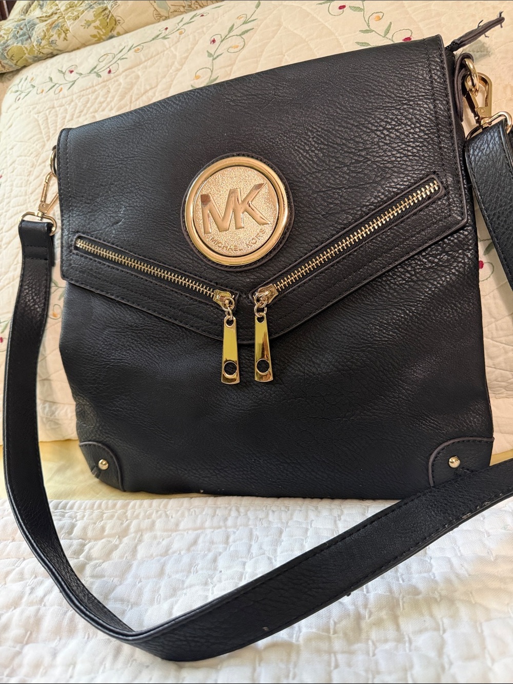Michael Kors Black Leather Shoulder Bag with Gold Accents